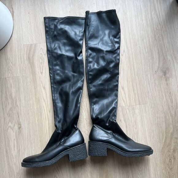 Zara Chunky Over The Knee Black Boots Faux Leather Size 40 US 9 - Picture 1 of 11